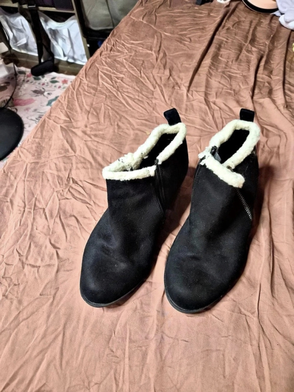 Black Faux-Fur Trim Ankle Boots